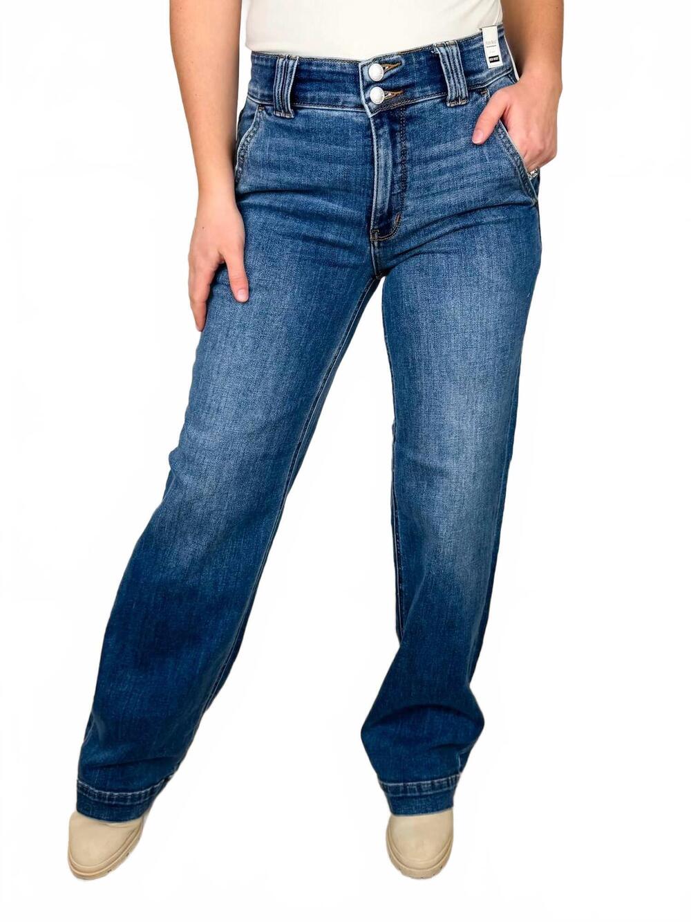 NEW JUDY BLUE kira high-rise double button wide leg jeans in medium wash denim